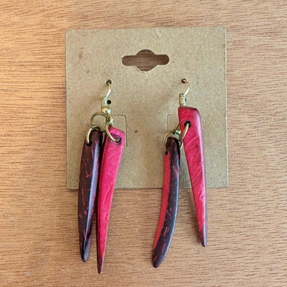 Vintage Red Wooden Statement Dangly Earrings Gold Detail